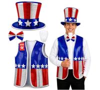 Nicky Bigs Novelties Uncle Sam Top Hat, Vest & Beard Set, Red White & Blue | Uncle Sam Costume Includes Vest & Beard, Red White & Blue 3-Piece Set, Fits Most Adults, Perfect Halloween Accessory