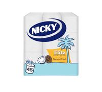 Nicky Elite Coconut Fresh Toilet Tissue - 45 Rolls of White Toilet Paper, 168 Sheets per Roll, 3-Ply, Exotic Coconut Scent, Softeness and Comfort to the Skin, 100% FSC Certified Paper, Easy Open Pack
