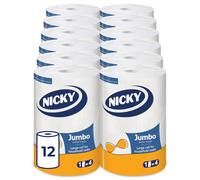 Nicky Jumbo Kitchen Towel - 12 Pack of 2-Ply Kitchen Roll, 200 Sheets, Equivalent to 4 Standard Rolls, Long-Lasting and Absorbent Paper Towels for All Domestic Tasks, FSC Certified Paper