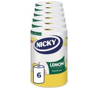 Nicky Lemon Kitchen Towel - Pack of 6 Rolls, 150 2-Ply Sheets per Roll, Absorbent, Easy Opening, Lemon Scented Core, Unique Embossing, Decorated Sheets, 100% FSC Certified Paper