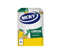 Nicky Lemon Kitchen Towel - Pack of 6 Rolls, 150 2-Ply Sheets per Roll, Absorbent, Easy Opening, Lemon Scented Core,Embossing, Decorated Sheets, 100 Percent FSC Paper