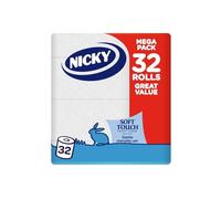 Nicky Soft Touch Toilet Tissue |Extra Value Pack ? 32 Rolls of Extra Gentle White Toilet Paper |190 Sheets per Roll| 2-ply | Soft Tissue | Modern