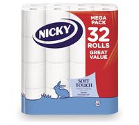 Nicky Soft Touch Toilet Tissue Extra Value Pack32 Rolls of Extra Gentle White Toilet Paper 190 Sheets per Roll Modern Embossing100%FSC Certified Paper