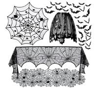 NiCoLa Halloween Lace Round Tablecloth, Halloween Decorations Tablecloth Set, Spiderweb Lace Rectangular Tablecloth with 16pcs Scary 3D Spider for Halloween Party Decors (Black)