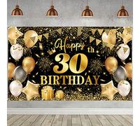 NiCoLa Happy 30th Birthday Banner Black Gold Birthday Party Decorations Backdrop, 180x110cm, Polyester, Includes Rope