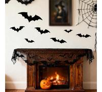 NiCola Spiderweb Table Runner, 50x200cm Black Lace Halloween Tablecloth with 12PCS 3D Bats, Fireplace Rectangular Tablecloth for Table Decorations and Indoor Celebrations