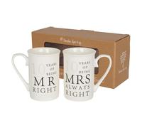 Nicola Spring 10th Anniversary Coffee Mug Set - 300ml Set of 2 New Bone China Coffee Teacup Drinking Mugs for Wedding, Milestone Celebration, His & Hers, Mr Right Mrs Always Right Couples Gift Box
