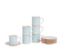 Nicola Spring 12 Piece Hand Printed Blue Espresso Cup and Saucer Set 65ml Porcelain Coffee Cups with Saucers Shabby Chic Patterned Design Dishwasher Microwave Safe