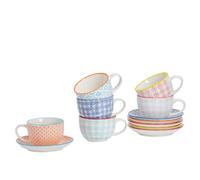 Nicola Spring 12 Piece Hand-Printed Cappuccino Cup & Saucer Set - 250Ml - 6 Colours