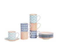 Nicola Spring 12 Piece Hand Printed Espresso Cup and Saucer Set 65ml Porcelain Coffee Cups with Saucers Shabby Chic Patterned Design 3 Colours Dishwasher Microwave Safe