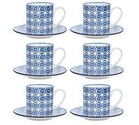 Nicola Spring 12 Piece Hand Printed Navy Espresso Cup and Saucer Set 65ml Porcelain Coffee Cups with Saucers Shabby Chic Patterned Design Dishwasher Microwave Safe