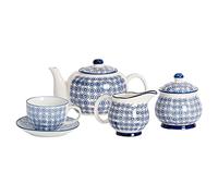 Nicola Spring 15pc Tea Set - Navy - 6-Person Dining Set Hand Printed Floral Pattern Teapot Teacups & Saucers Sugar Storage Pot and Milk Jug for Breakfast, Lunch, Tea Parties