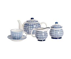 Nicola Spring 15pc Tea Set - Navy - 6-Person Dining Set Hand Printed Floral Pattern Teapot Teacups & Saucers Sugar Storage Pot and Milk Jug for Breakfast, Lunch, Tea Parties