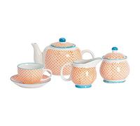 Nicola Spring 15pc Tea Set - Orange - 6-Person Dining Set Hand Printed Floral Pattern Teapot Teacups & Saucers Sugar Storage Pot and Milk Jug for Breakfast, Lunch, Tea Parties