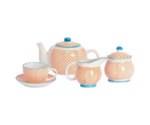 Nicola Spring 15pc Tea Set - Orange - 6-Person Dining Set Hand Printed Floral Pattern Teapot Teacups & Saucers Sugar Storage Pot and Milk Jug for Breakfast, Lunch, Tea Parties