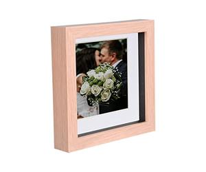 Nicola Spring 1x Light Brown 6 x 6 inch 3D Box Wooden Photo Frame with White 4 x 4 inch Mount - Standing Hanging Craft Shadow Memory Picture Display Case for Flowers Crafts Art Medal