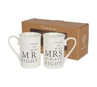 Nicola Spring 20th Anniversary Coffee Mug Set - 300ml Set of 2 New Bone China Coffee Teacup Drinking Mugs for Wedding, Milestone Celebration, His & Hers, Mr Right Mrs Always Right Couples Gift Box