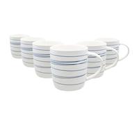 Nicola Spring 350ml Simply Home Stoneware Mugs - Blue & White Stripe - 6X Large Reusable Cute Ceramic Coloured Coffee Latte Hot Drinks Tea Cups Set with Handle | Gifts for Men & Women