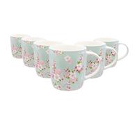 Nicola Spring 350ml Simply Home Stoneware Mugs - Green Floral - 6X Large Reusable Cute Ceramic Coloured Coffee Latte Hot Drinks Tea Cups Set with Handle | Gifts for Men & Women