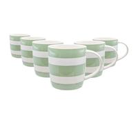 Nicola Spring 350ml Simply Home Stoneware Mugs - Green & White Stripe - 6X Large Reusable Cute Ceramic Coloured Coffee Latte Hot Drinks Tea Cups Set with Handle | Gifts for Men & Women