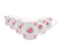 Nicola Spring 350ml Simply Home Stoneware Mugs - White & Pink Hearts - 6X Large Reusable Cute Ceramic Coloured Coffee Latte Hot Drinks Tea Cups Set with Handle | Gifts for Men & Women