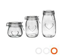 Nicola Spring 3Pc Glass Storage Jar Set - Airtight Clip Lid Kitchen Vintage Round Preserving Container Heart Shaped Design