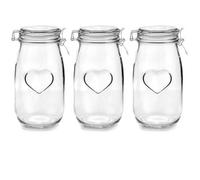 Nicola Spring 3X Glass Storage Jars - 1.5 Litre Airtight Clip Lid Kitchen Vintage Round Preserving Container Heart Shaped Design