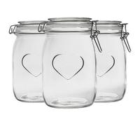 Nicola Spring 3X Glass Storage Jars - 1 Litre Airtight Clip Lid Kitchen Vintage Round Preserving Container Heart Shaped Design