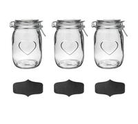 Nicola Spring 3X Glass Storage Jars & Labels Set - 1 Litre Airtight Clip Lid Kitchen Preserving Container Heart Shaped Design