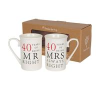 Nicola Spring 40th Anniversary Coffee Mug Set - 300ml Set of 2 New Bone China Coffee Teacup Drinking Mugs for Wedding, Milestone Celebration, His & Hers, Mr Right Mrs Always Right Couples Gift Box