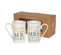 Nicola Spring 50th Anniversary Coffee Mug Set - 300ml Set of 2 New Bone China Coffee Teacup Drinking Mugs for Wedding, Milestone Celebration, His & Hers, Mr Right Mrs Always Right Couples Gift Box
