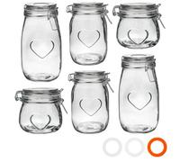 Nicola Spring 6Pc Glass Storage Jar Set - Airtight Clip Lid Kitchen Vintage Round Preserving Container Heart Shaped Design