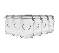 Nicola Spring 6X Glass Storage Jars - 1 Litre Airtight Clip Lid Kitchen Vintage Round Preserving Container Heart Shaped Design