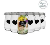Nicola Spring 6X Glass Storage Jars & Heart Labels Set - 1.5L Airtight Clip Lid Kitchen Preserving Container Heart Shaped Design