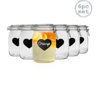 Nicola Spring 6X Glass Storage Jars & Heart Labels Set - 1L Airtight Clip Lid Kitchen Preserving Container Heart Shaped Design