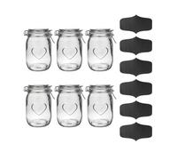 Nicola Spring 6X Glass Storage Jars & Labels Set - 1 Litre Airtight Clip Lid Kitchen Preserving Container Heart Shaped Design