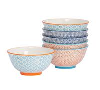 Nicola Spring 6X Hand-Printed Cereal Bowls - 3 Colours - 16Cm - Patterned Japanese Style Stoneware Serving Bowls