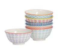 Nicola Spring 6X Hand-Printed Cereal Bowls - 6 Colours - 16Cm - Patterned Japanese Style Porcelain Serving Bowls