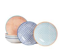 Nicola Spring 6X Hand-Printed Pasta Bowls - 3 Colours Porcelain Flower Print Design Rice Serving Bowls