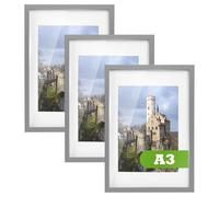 Nicola Spring A3 Picture Frames with A4 Mounts - 3 Pack Grey Photo Frame (29.7 x 42cm) - Landscape Portrait Display with Glass Front Aperture for Freestanding & Wall Mounting Certificate, Poster