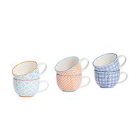 Nicola Spring Cappuccino Cups Set - 250ml - Pack of 6-3 Coloured Hand Printed Tea Cup Coffee Cappuccino Mugs Latte Drinking Mug Tea Saucer Plates for Breakfast, Lunch, Brunch
