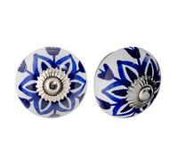 Nicola Spring Ceramic Cupboard Drawer Handle Knobs - Floral Design -Dark Blue Flower - Pack of 24