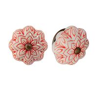 Nicola Spring Ceramic Cupboard Drawer Handle Knobs - Vintage Flower Design - Red - Pack of 12