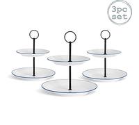 Nicola Spring Farmhouse 2 Tier Cake Stands - 3 Pack 21cm White Porcelain Dessert Stand with Blue Rim - Vintage Style for Afternoon Tea, Cupcakes, Pastries - Dishwasher Safe Serving Display Tray