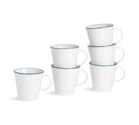Nicola Spring Farmhouse 270ml Tea Cups - Set of 6 White & Blue Porcelain Rustic Country Cottage Cups with Rolled Rims & Molded Handles