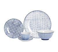 Nicola Spring Hand Printed 24 Piece Dinner Set - Navy - Porcelain Japanese Style Dinner Plates, Bowls, Side Plates, Tea Coffee Mugs and Saucers for Kitchens, Cafes & Restaurants