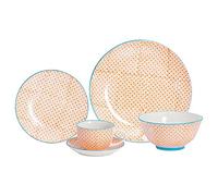 Nicola Spring Hand Printed 24 Piece Dinner Set - Orange - Porcelain Japanese Style Dinner Plates, Bowls, Side Plates, Tea Coffee Mugs and Saucers for Kitchens, Cafes & Restaurants