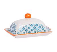 Nicola Spring Hand Printed Butter Dish with Lid - 18.5x12cm - Blue Vintage Floral Stoneware Kitchen Butter Dish Fridge Cheese Storage Container for Butter, Cheese, Margarine