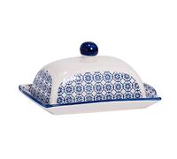 Nicola Spring Hand Printed Butter Dish with Lid - 18.5x12cm - Navy Vintage Floral Stoneware Kitchen Butter Dish Fridge Cheese Storage Container for Butter, Cheese, Margarine