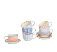 Nicola Spring Hand Printed Cappuccino Cups & Saucers Set - 250ml - Pack of 12-6 Colour Stoneware Coffee Mug Set with Matching Saucers for Cappuccino, Latte, Espresso, Macchiato, Mocha & Hot Drinks